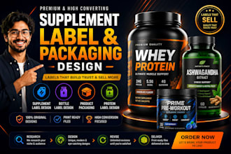 design supplement label, bottle label, product packaging design, protein label