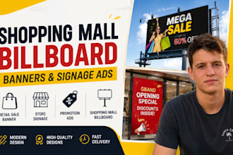 create shopping mall promotional billboard, retail sale banner, store signage ad