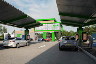 upgrade abandoned building to modern ev charging station, digital charging kiosk