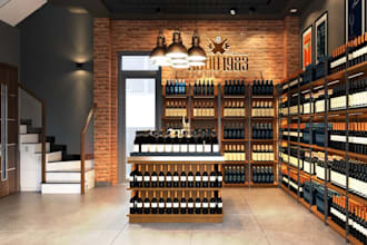 cgi render for wine outlet,3d liquor store,retail shop interior, beverage lounge