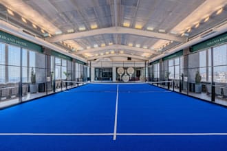 render 3d rooftop padel court,luxury sports club,facility indoor,wellness lounge