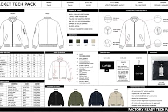 design puffer bomber jacket tech pack with cad flats for manufacturing