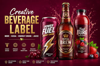 create a energy drink, soda juice, beer, can, soft drink label design and liquor