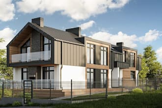cgi render for hillside terrace,minimalist landscaping,floating balconies design