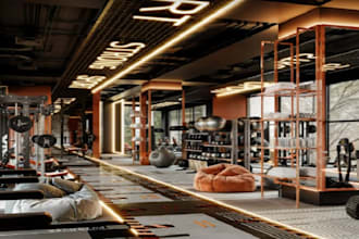 3d cgi gym design gym layout, fitness room, interior with realistic 3d render