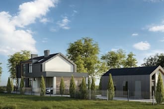 cinematic 3d riverside haven residence,modern barnhouse,site plan visualization