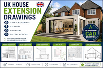draw UK house extension elevation drawings, site plans, sections and roof plans