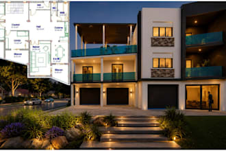 create luxury modern villa, tropical resort, hotel exterior and facade render