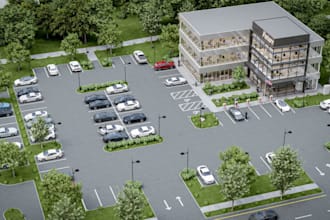 design commercial building exterior rendering,3d landscape,park lot,retail space