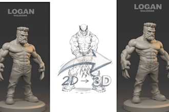 2d to 3d model sketch to 3d images to 3d model figurine character for print