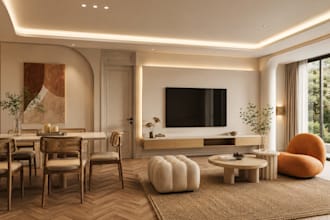 do 3d interior design for living room, bedroom, kitchen, dining, bathroom