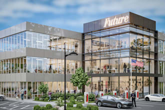 redesign exterior 3d architectural rendering, commercial space, office,elevation