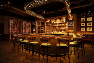 enhance 3d restaurant interior, eatery layout, cafeteria indoor,lounge rendering