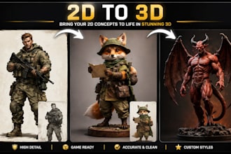 convert 2d to 3d stylized character, figurine, statue, miniature for 3d printing