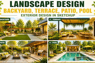 do landscape design, backyard, terrace, patio pool, exterior design in sketchup