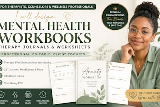 design editable canva mental health workbook, therapy journal and worksheets