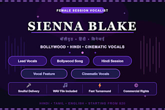 be your female bollywood hindi session singer for your song or project