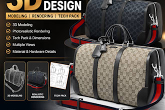 create 3d bag design, modeling, realistic rendering with tech pack
