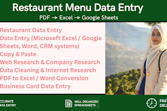 do restaurant menu data entry, PDF to excel or google sheets