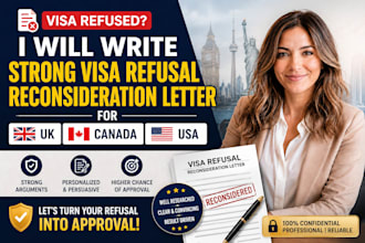 write strong visa refusal reconsideration letter for UK canada USA