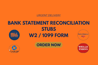 bank statement reconciliation, payroll reports, stubs, 1099, w2