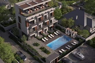 render modern apartment, villa, hotel, commercial exterior, cgi landscape design