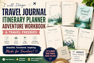 design travel journal, itinerary planner, adventure workbook and travel freebies