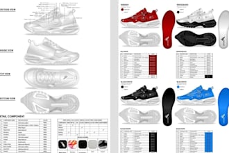 design custom 3d model sneakers, footwear, shoes and factory ready tech packs