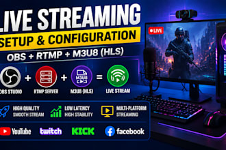 setup full live streaming system using obs, rtmp, m3u8 for gaming and broadcast