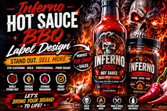 design BBQ sauce, hot sauce, gourmet spice product inferno labels, seasoning