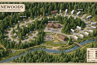 design custom hiking resort map, hotel map, campground and tourist map