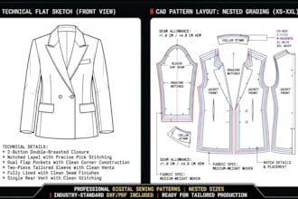 create a digital clothing sewing pattern, size grading, and tech pack in dxf PDF