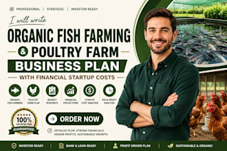 write an organic fish farming poultry farm business plan with financial startup