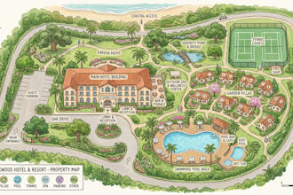 do illustrate resort map search, hotel, trail park and resort location map