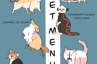 draw your pet as cute food themed illustration or comic