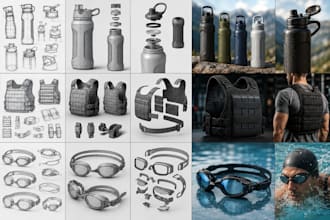 design sport and outdoor product, water bottle, weighted vest, swim goggles