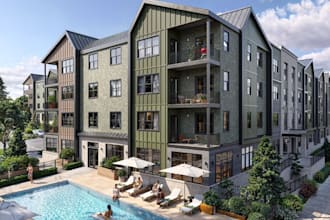 3d greenridge living,luxury apartment render,co working lounges,site parking lot