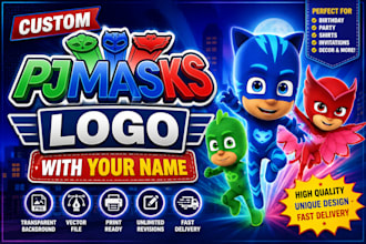 create a custom pj masks logo with your name, text, birthday party card backdrop