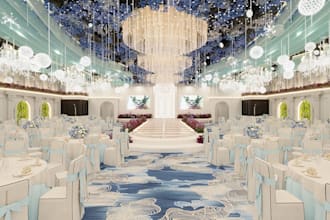 decorate 3d wedding hall interior, banquet hall,floral gala event,grand ballroom