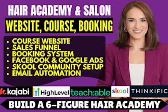 setup hair academy online course website kajabi thinkific teachable skool funnel