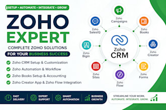 do zoho crm setup, zoho automation, zoho books, zoho creator, zoho flow expert