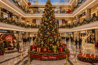 design a 3d christmas shopping mall, holiday decoration, retail event rendering