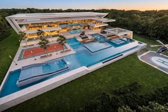 showcase 3d private resort,outdoor sports court, luxury villa concept cgi render