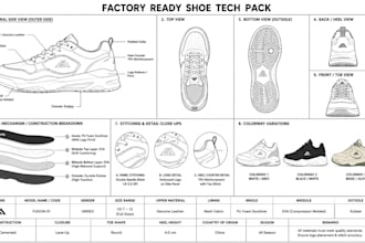 create factory ready tech pack for shoes high hills, sneakers sandals and more