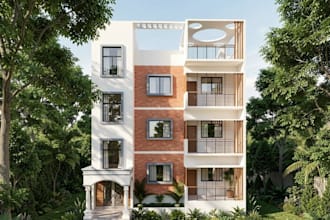 3d rooftop residential space, cantilevered balcony design, modern facade render
