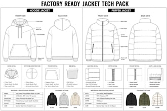 create factory ready tech pack for hoodie puffer jacket track jacket flat sketch