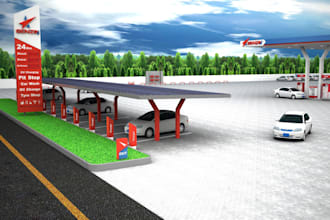 ev charging station 3d visualization,solar rooftop,waiting lounge,car services
