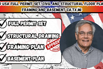 do usa full permit set, civil and structural, framing and basement plan ca,tx,mi