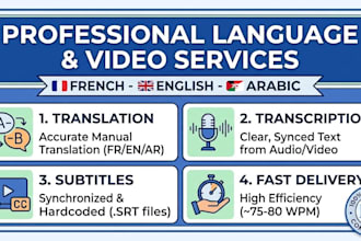 translate, transcript, subtitle in english, french or arabic