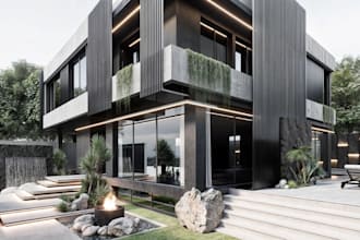 elevate3d aesthetic villa facade,landscape integration,indoor living area,corona